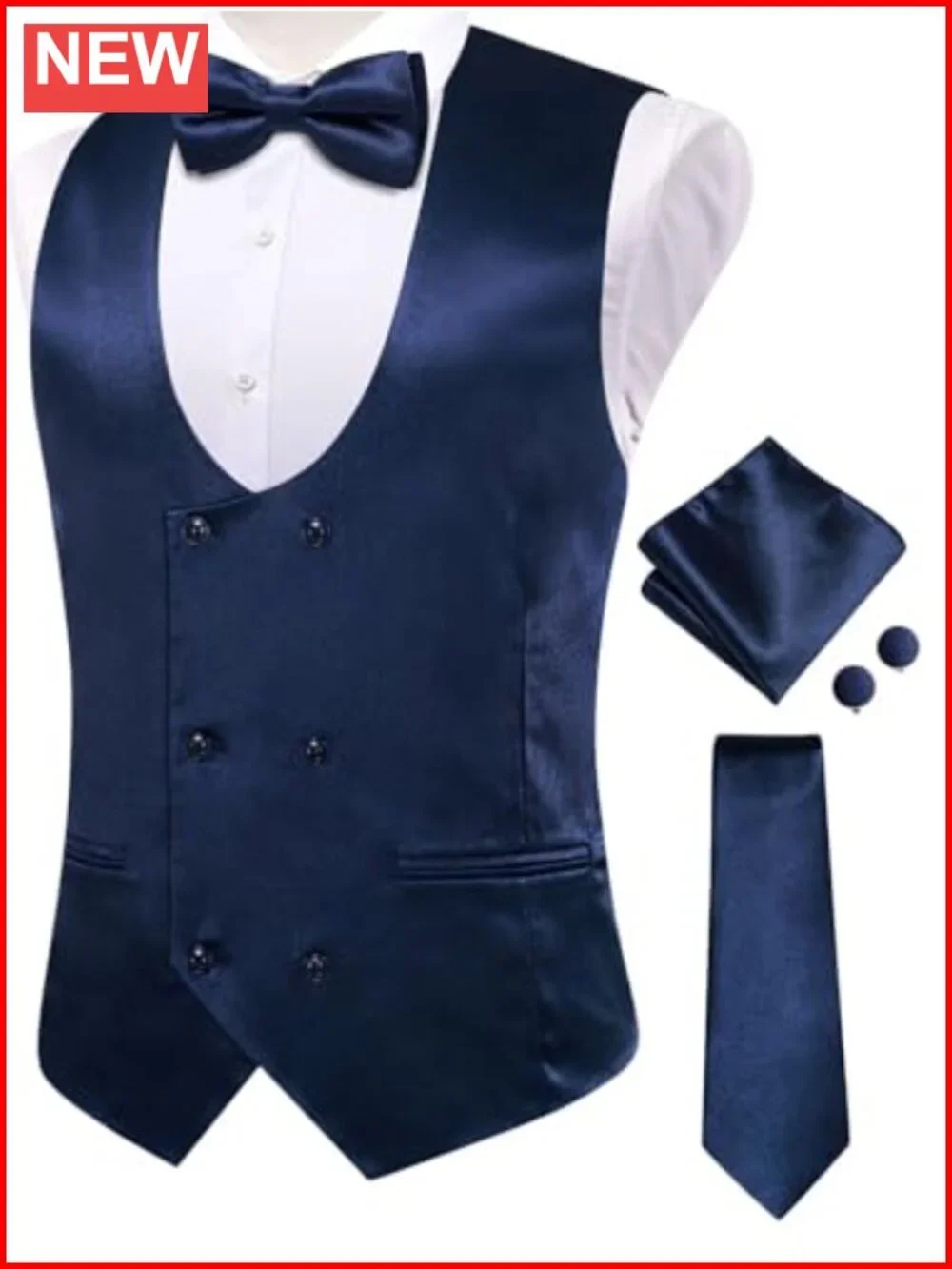 Mens Satin Suit Vest Set Double Breasted Formal 5 Piece